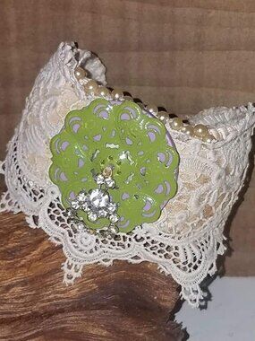 Upcycled Leather Baseball Cuff Bracelet Lace Rhinestones Bendable Adjustable